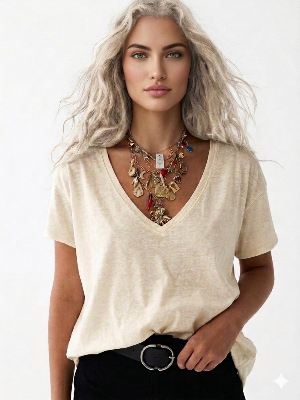 Velocity Cream Off White V-Neck T-Shirt Tee Casual